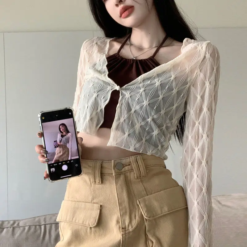 Summer Thin Sun-proof Cardigans Women Crochet Midriff-baring Tops Short Leisure All-match Y2k Korean Style Daily Slim Fashion