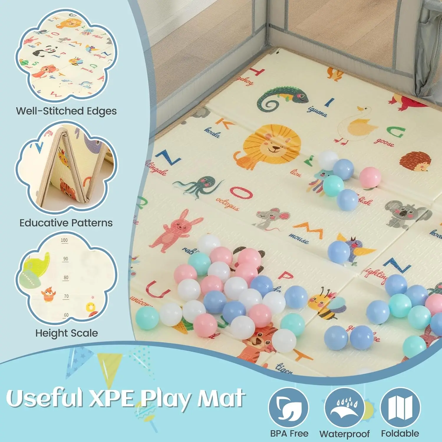 Parque infantil para bebés, patio de juegos extra grande para bebés de 74 x 62 pulgadas con tapete para gatear, 50 pelotas oceánicas, 4 anillas para pastillas, aro de baloncesto y 2 Foo