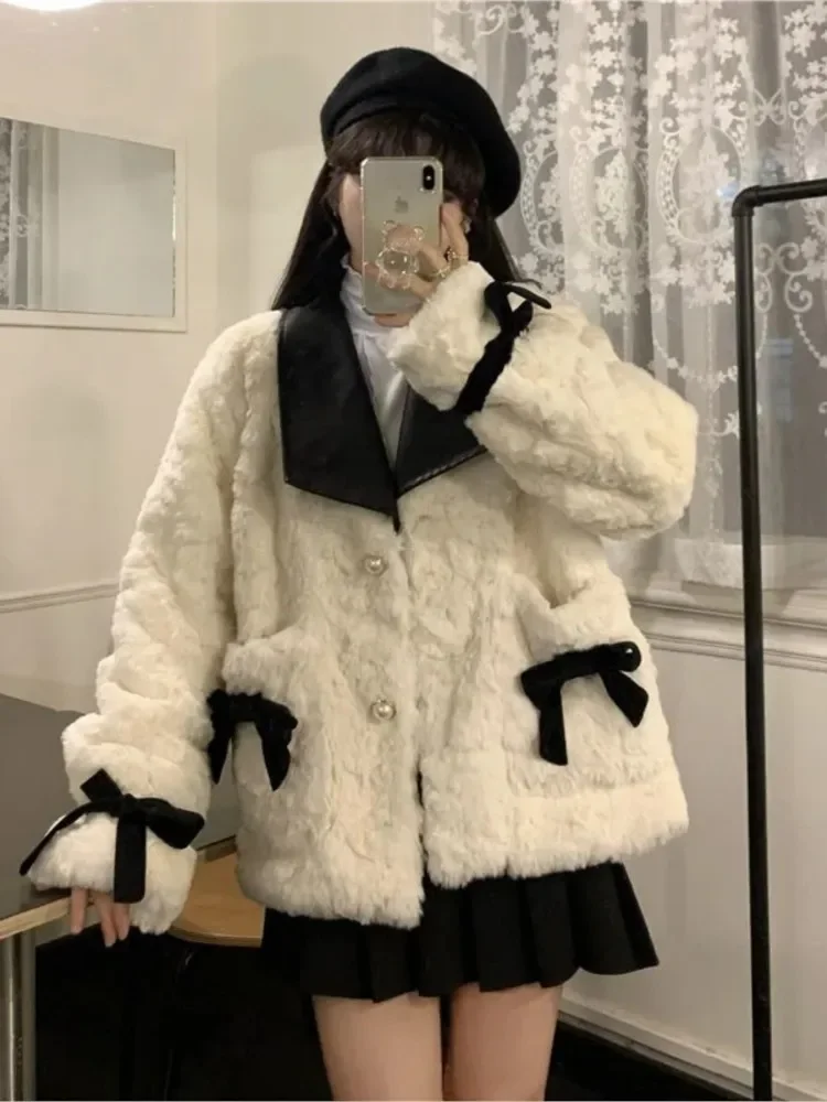 Kawaii Faux Rabbit Fur Cropped Coat Jackets Vintage Women Korean Bow Lapel Cotton Jacket Winter Thick Elegant Fleece Outerwear