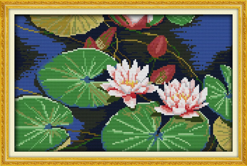 Cross-stitch Complete Set The Water Lily (2) Pattern Stamped Printed Counted Unprinted Cloth DMC Needlework Home Decor