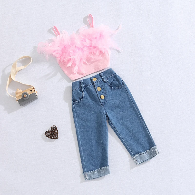 

Adorable Toddler Girls Summer Ensemble Pink Feather Camisole Top Denim Pants with Cute Pockets for Playtime Fun