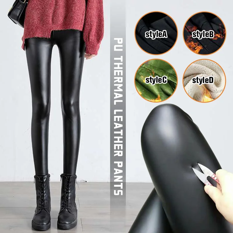 Winter Warm PU Leather Leggings Women Leather Pantalones High Waist Thermal Tights Stretchy Pants Winter Fleece Lined Trousers