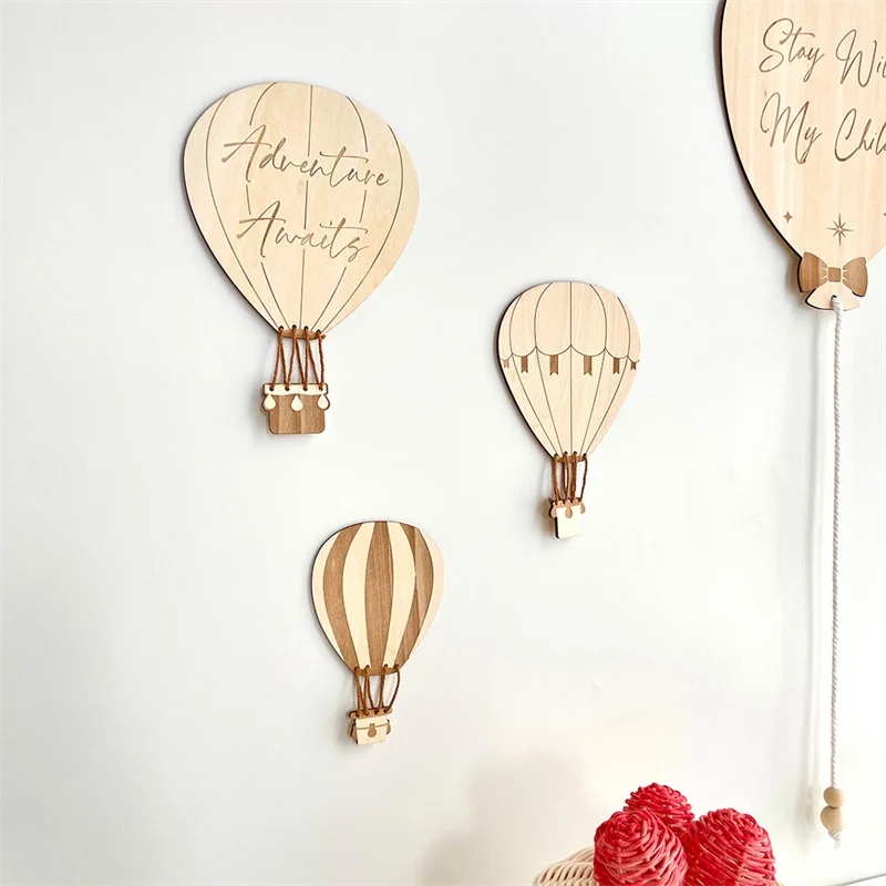INS Nordic Wooden Hot Air Balloon Wall Stickers Wood Balloon Sticker Set Kids Room Decoration Ornament Home Crafts Nursery Decor view 2