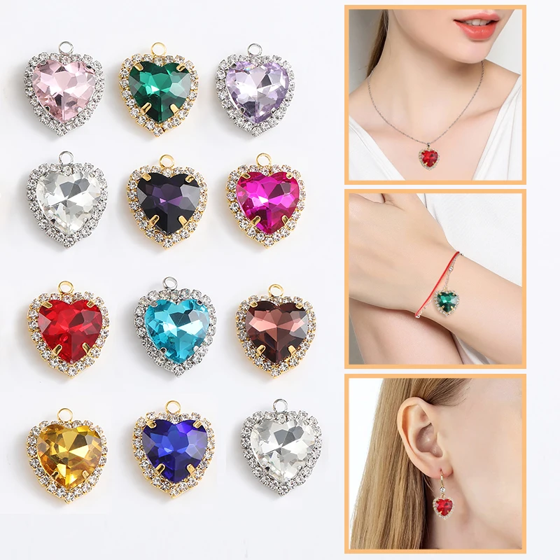 10pcs Crystal Heart Pendant Necklace Metal Button With Claw Hanging Rhinestone Accessories DIY Earrings Jewelry Decor Crafts