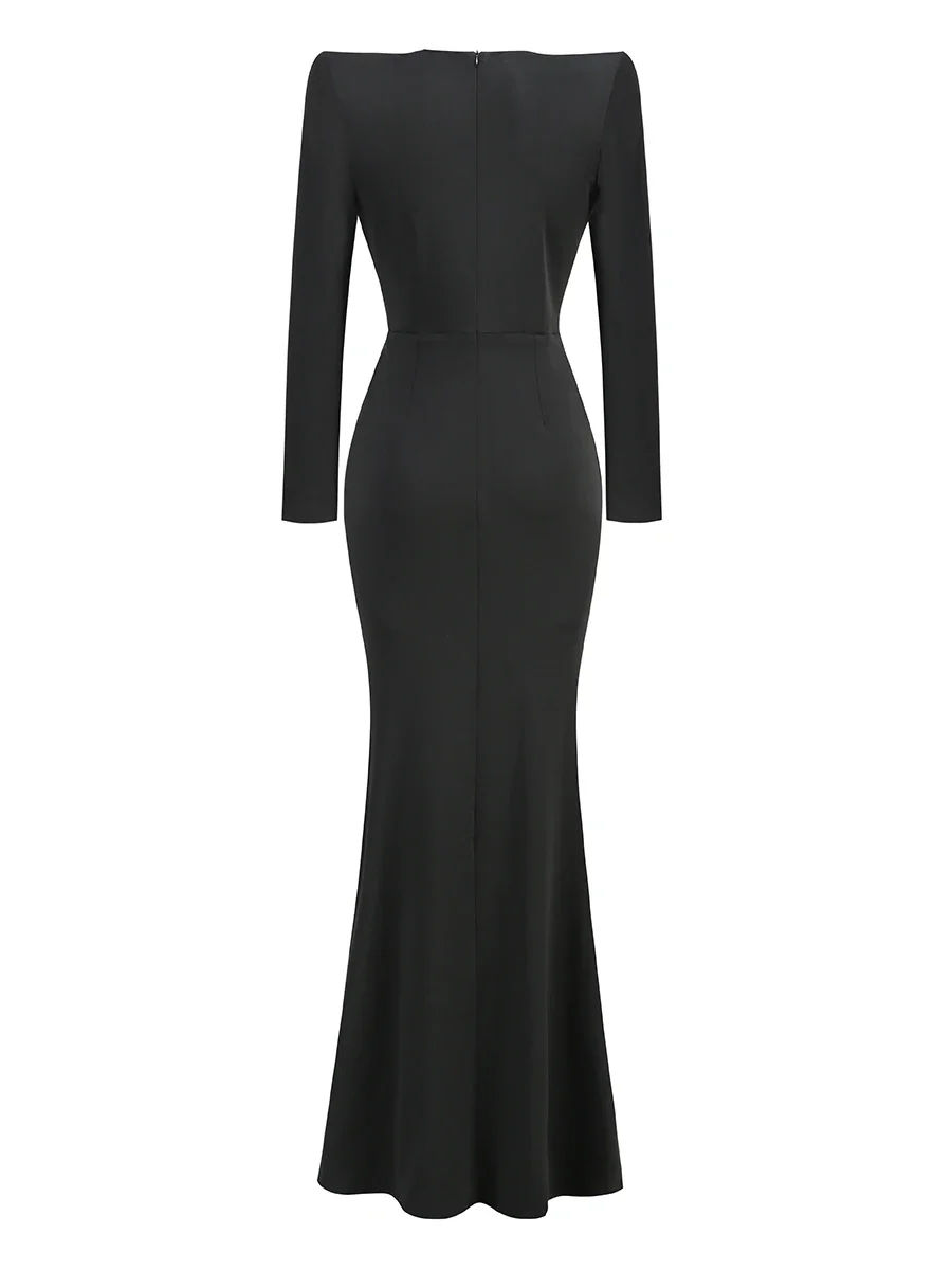 Elegant Black Party Dresses for Ladies Long Sleeve Deep V Neck Diamonds Pearl Buckle Pleated Maxi Long Evening Party Gowns