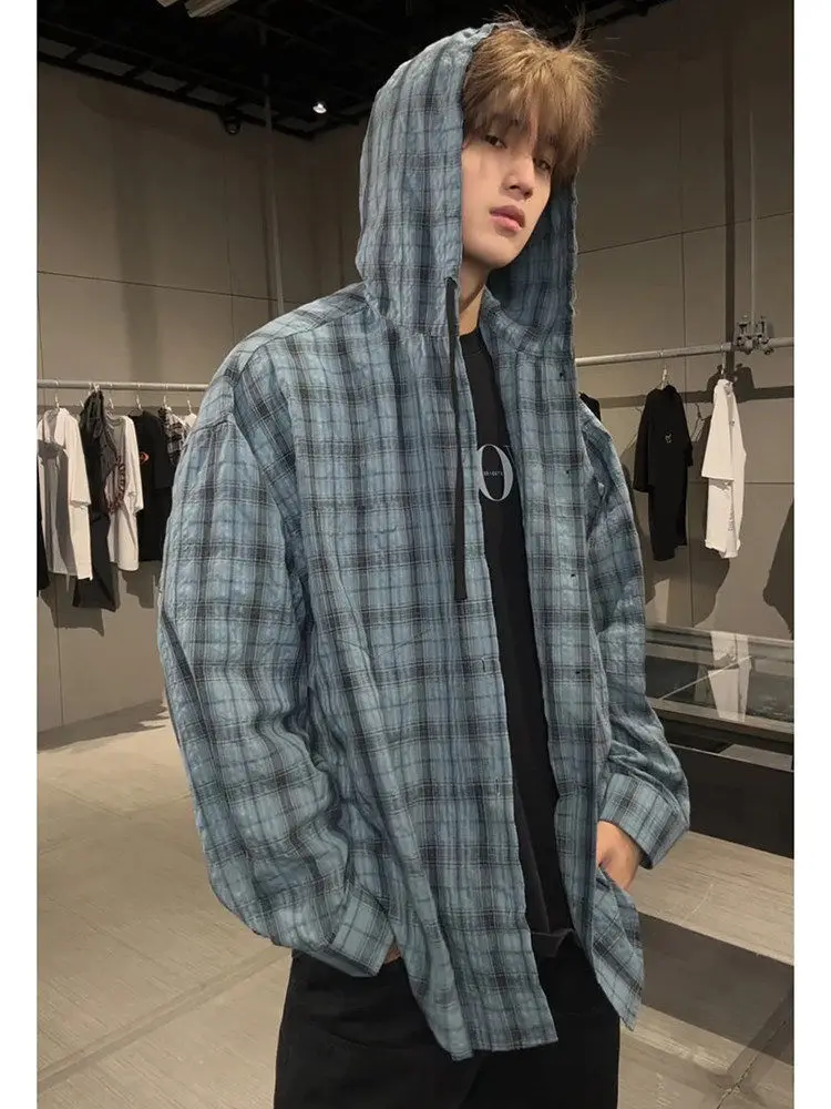 Loose Fit Plaid Bubble Shirt Hooded Long Sleeve Lightweight Summer Sun Protection Men's Casual Outerwear Spring Youth Fashion
