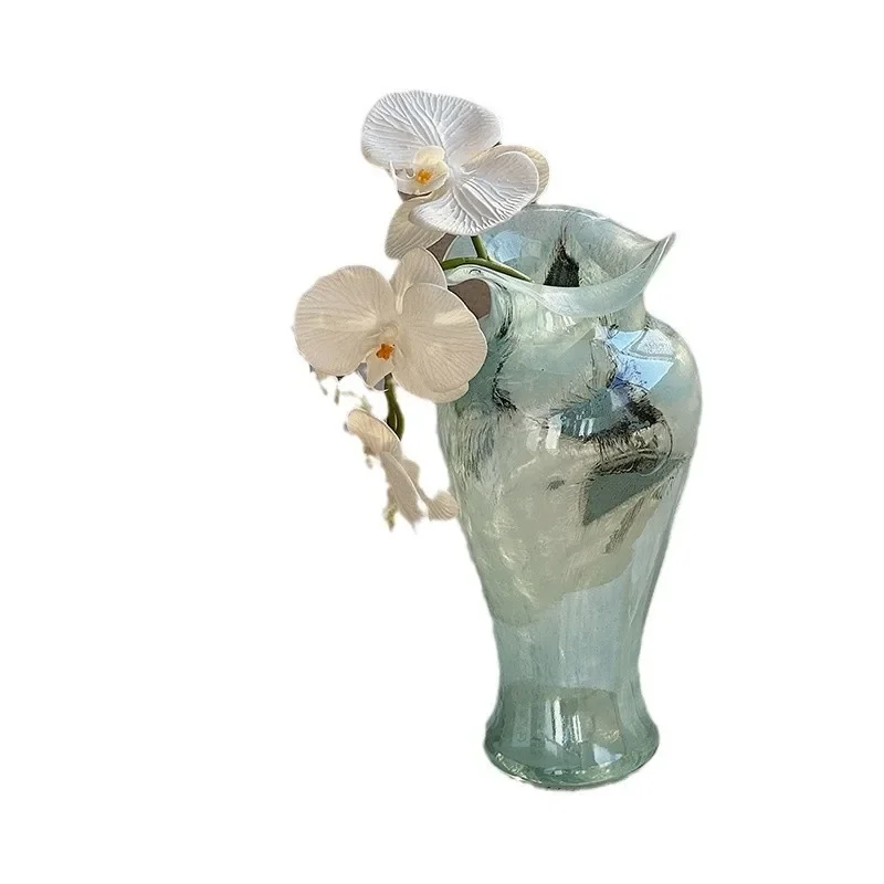 

Blue transparent glass vase Chinese style retro lace decorative flower ornament living room entrance flower arrangement hydropon