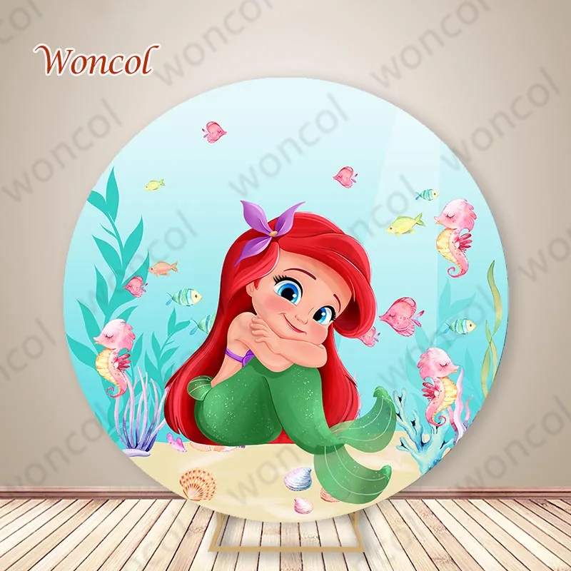 Disney Ariel Birthday Round Backdrop Baby Shower Mermaid Backdrop Undersea Little Mermaid Round Cylinder Cover Decor Photo Prop