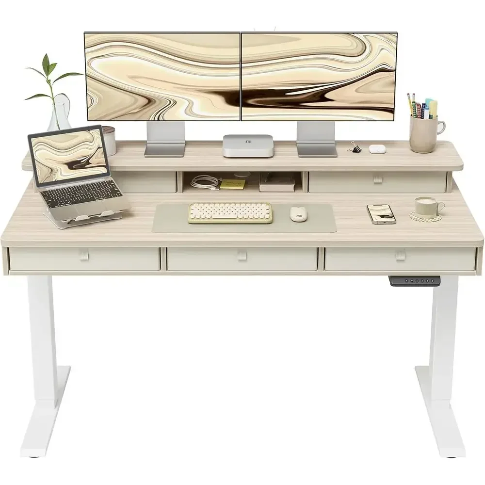 Adjustable Height Electric Standing Desk, 55x24 with Storage Shelf, Sit-Stand Desk in White/Light Walnut Finish