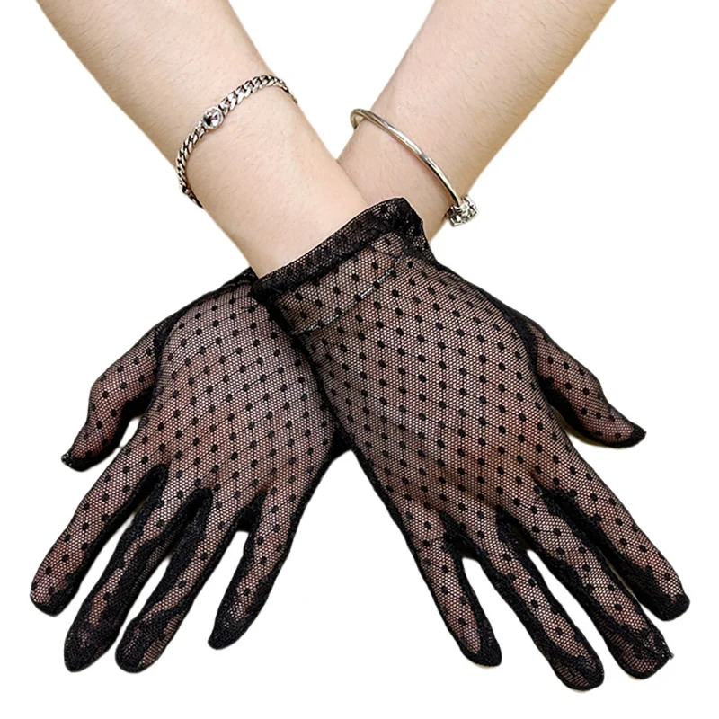 Frauen Sommer Sexy Schwarz Spitze Handschuhe Mesh Hohl Atmungsaktive Sonnencreme Kurzen Absatz Weibliche Hohe Elastizität Transparente Handschuhe
