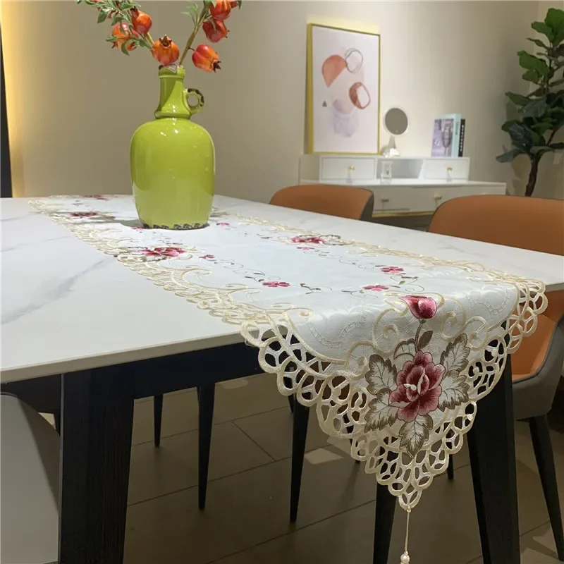 

1 Pc Table Flag Modern Minimalist Flower Table Runner Embroidery Hollowed Out Coffee Table Tablecloth Tassels Decoration