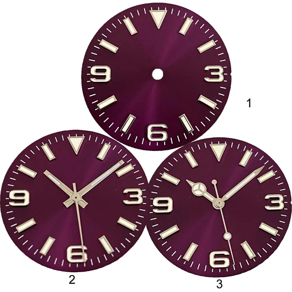 

28,5 мм фиолетовый циферблат с/без стрелок для NH35 NH36 4R 7S механизм зеленые светящиеся циферблаты сменный циферблат