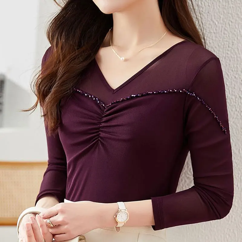 Female Clothing Solid Color Gauze Pullovers Stylish Shirring Diamonds 2023 Spring Summer Long Sleeve Casual V-Neck Slim T-shirt