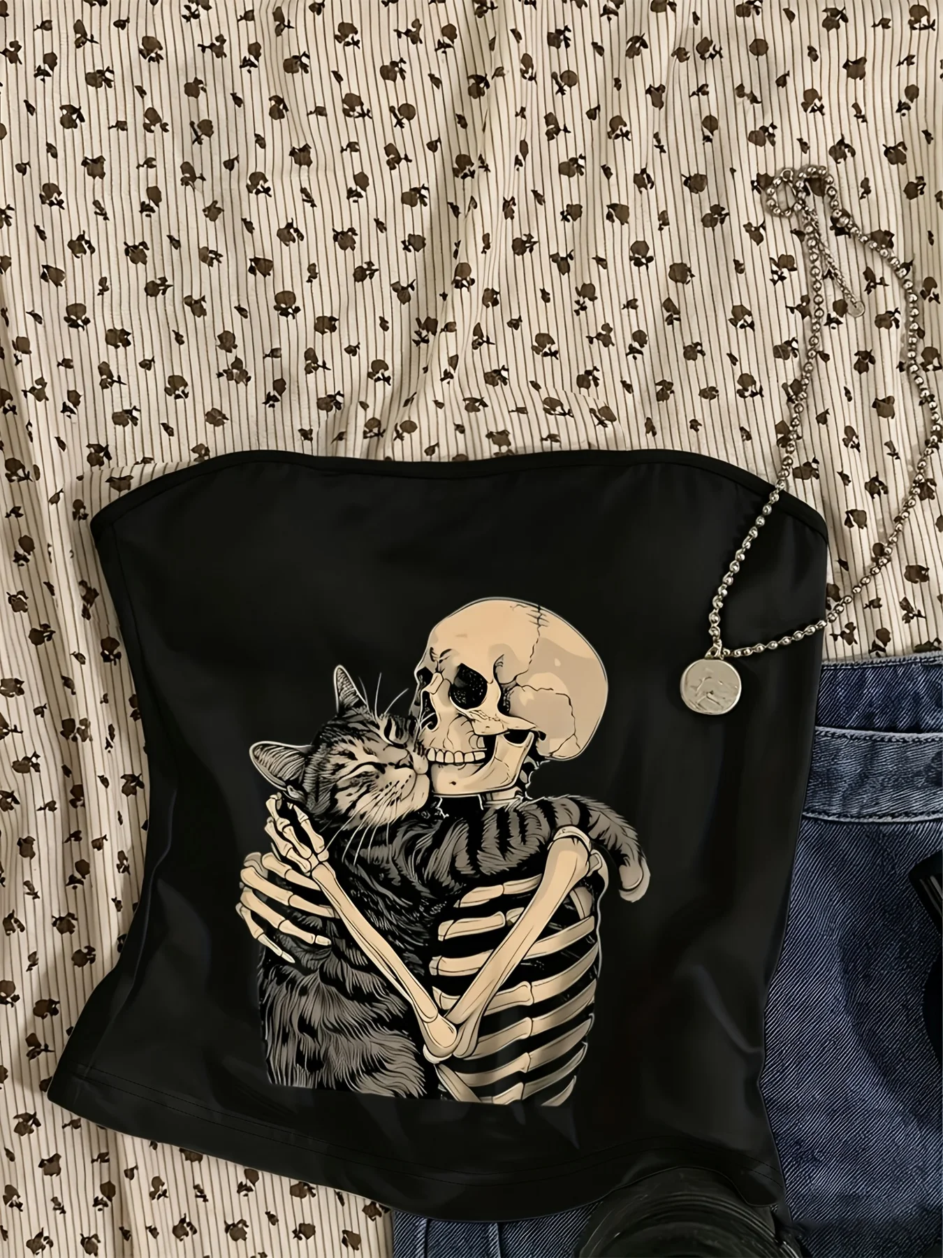 Harajuku Y2K Sweet Skull and Cat Pattern Printing Tube Top Casual Strapless Top Comfortable 90s Girls 2000s Women'S