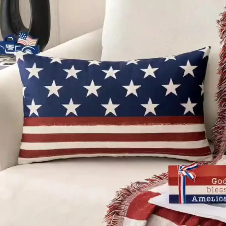 1pc American Flag Stars and Stripes Themed Printed Lumbar Pillow Cover, Suitable for Sofa, Bedroom, Living Room, Office,