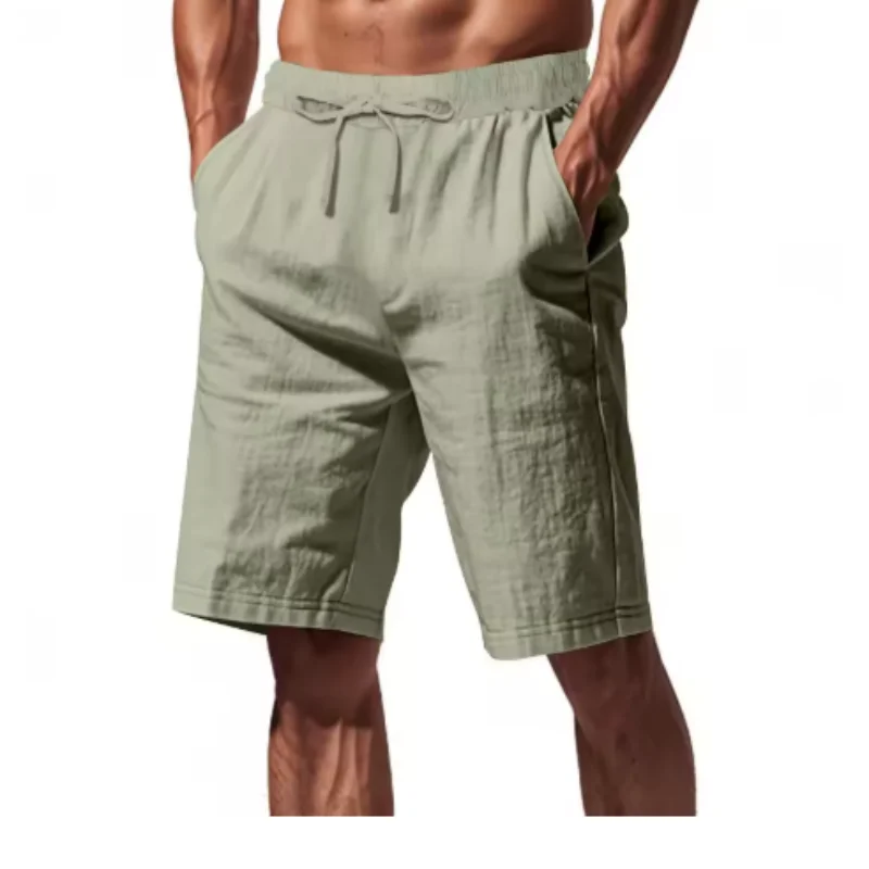 Men Cotton Linen Shorts Summer Lightweight Breathable Casual Beach Style Shorts Basic Solid Color Sweatpants Elastic Waist