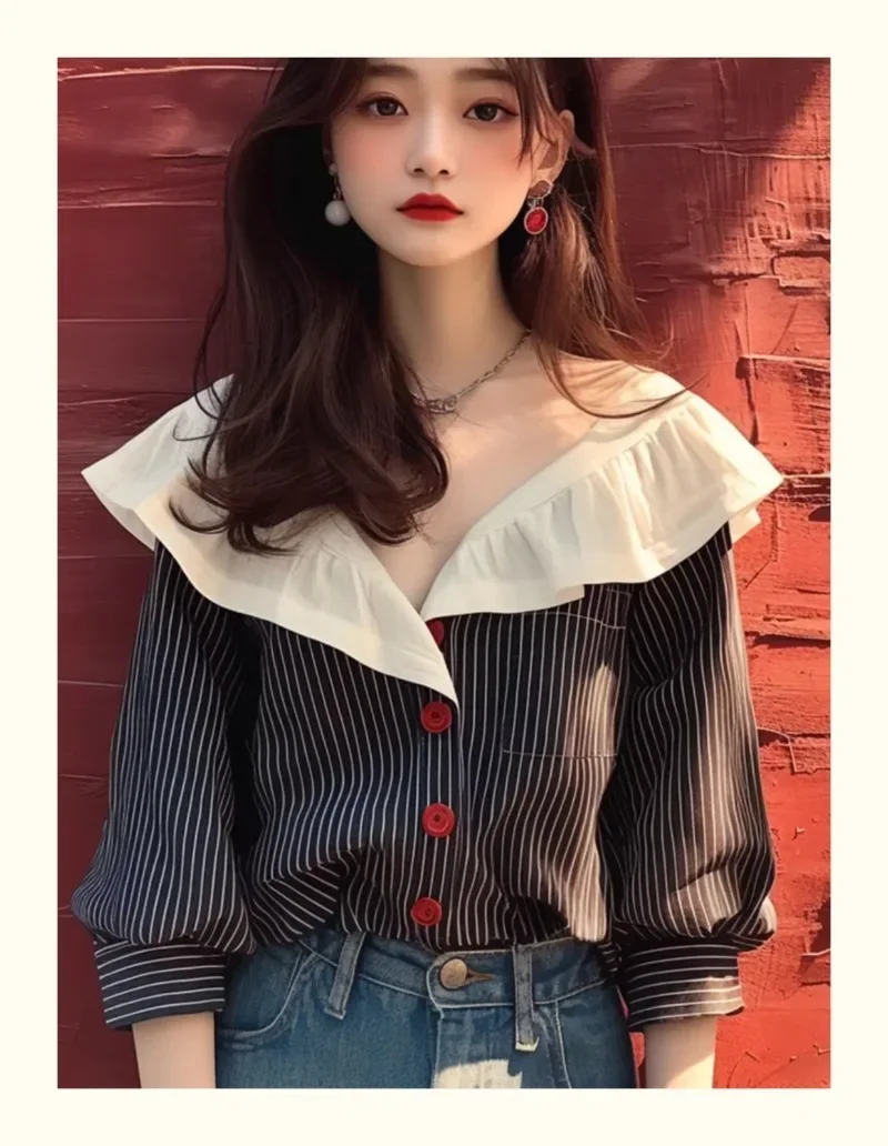 Vintage Women\'s Shirts Spring/summer New Chiffon Striped Women Blouses Loose Long Sleeve Top Ruffles Korean Clothing Sales