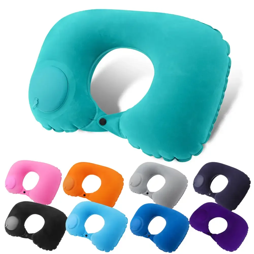 U Shape Neck Cushion Automatic Air Inflatable Pillow Compress Ring Pillow For Airplane Car Outdoor Travel Flocking Milk Fiber