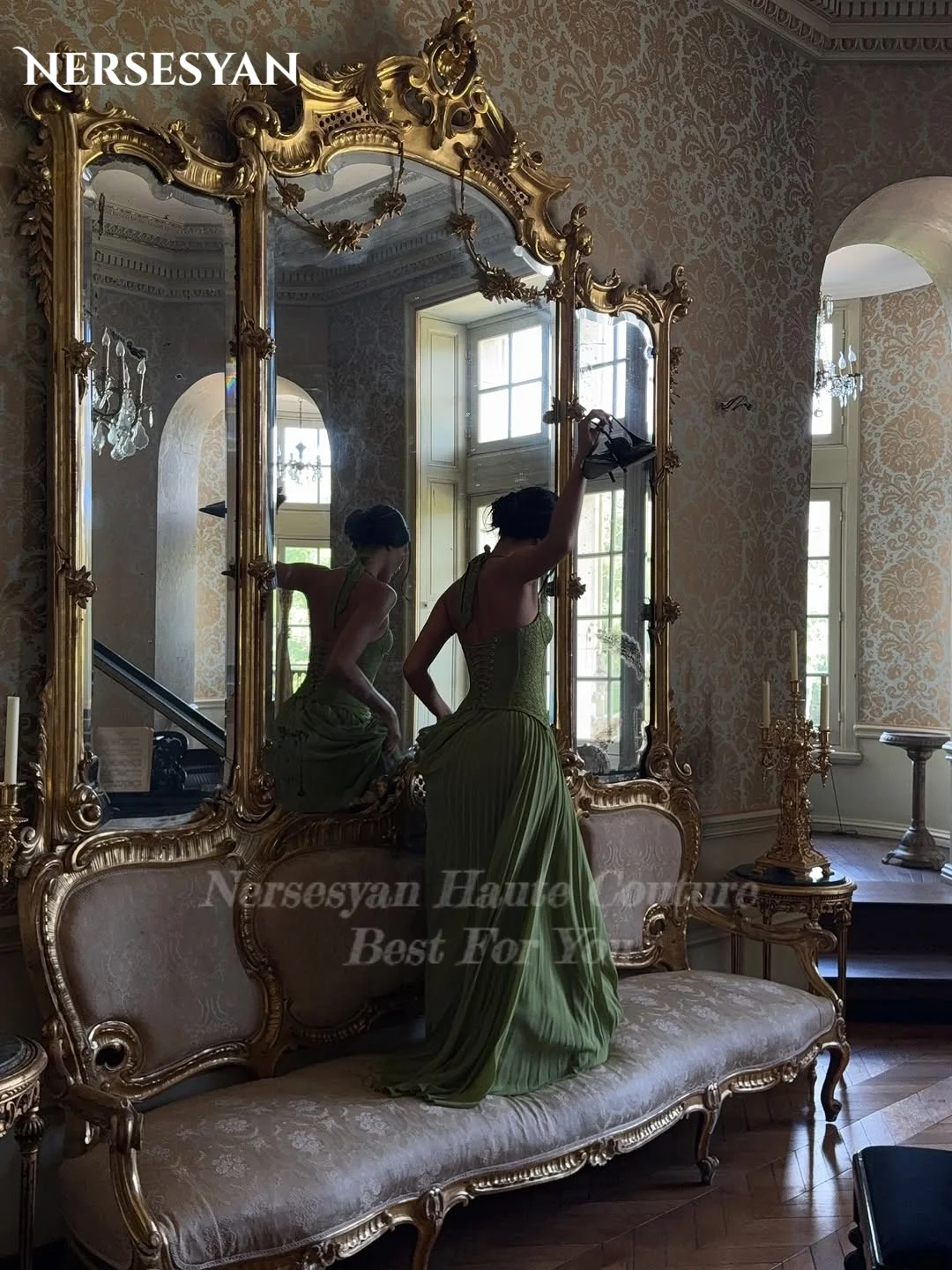 Nersesyan Sage Green Lace Prom Dresses off Shoulder Pleated Formal Evening Dresses Halter Appliques Women Party Gowns Customized