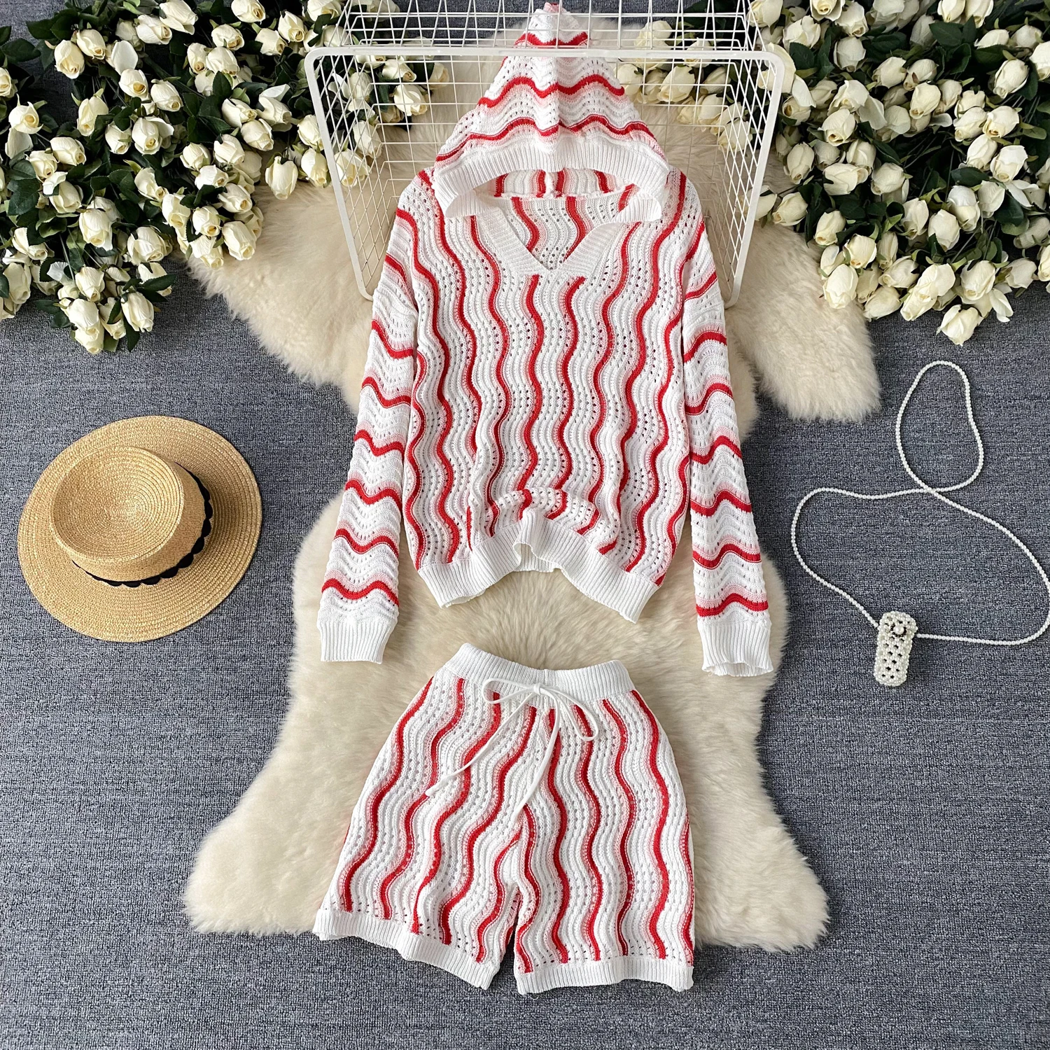 

Clothland Women Elegant Striped Blouse Shorts Suit Hooded Loose Shirt Mini Shorts Summer Casual Two Piece Set TA432