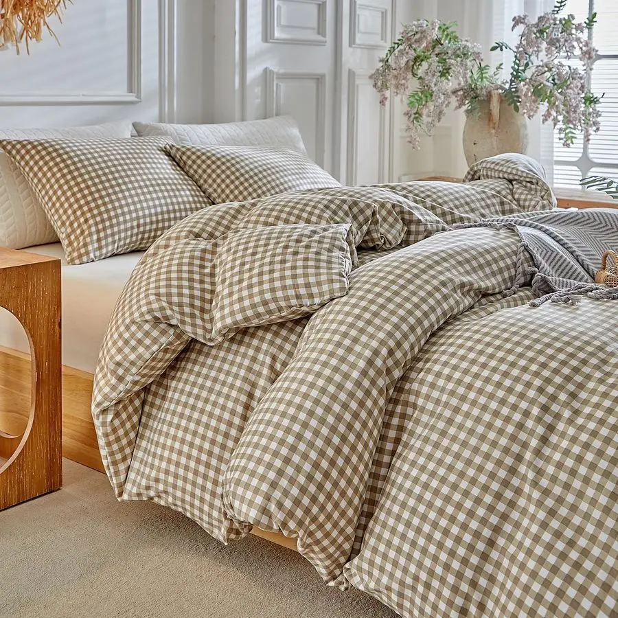 

Grid Queen Duvet Cover Set Tan Gingham Washed Microfiber Comforter Cover Set, 3 Pieces Plaid Checkered Soft Reversible Bedding S