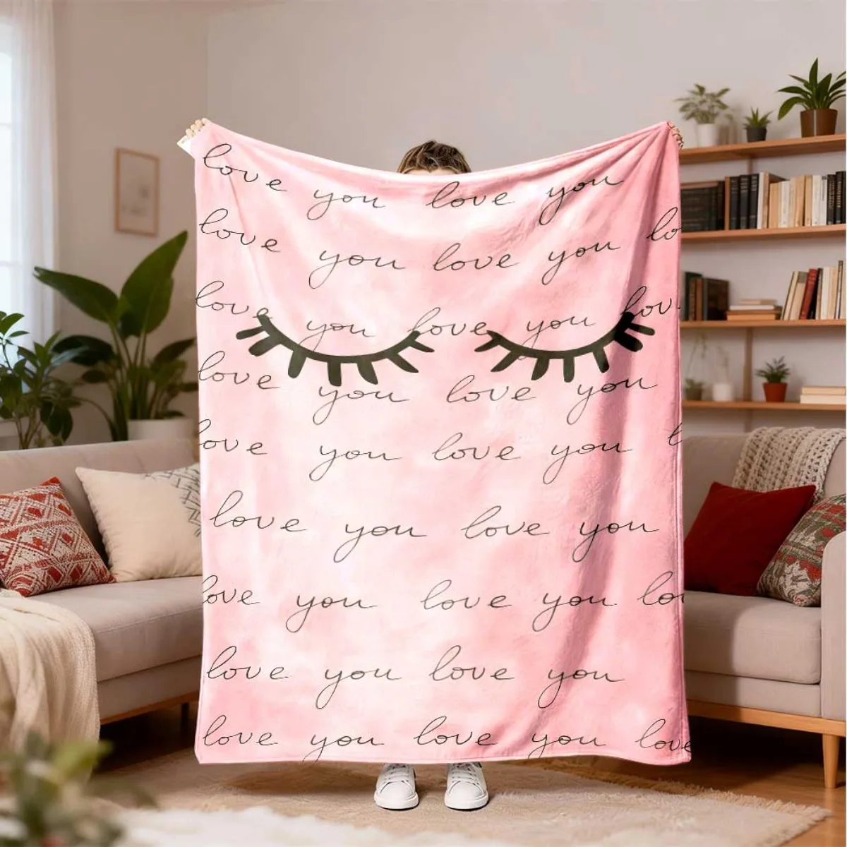 Sweet Text Eyelash Flannel Blanket, Pink Background Love You Script Pattern Lightweight Throw Blanket for Bed Couch Daily Use