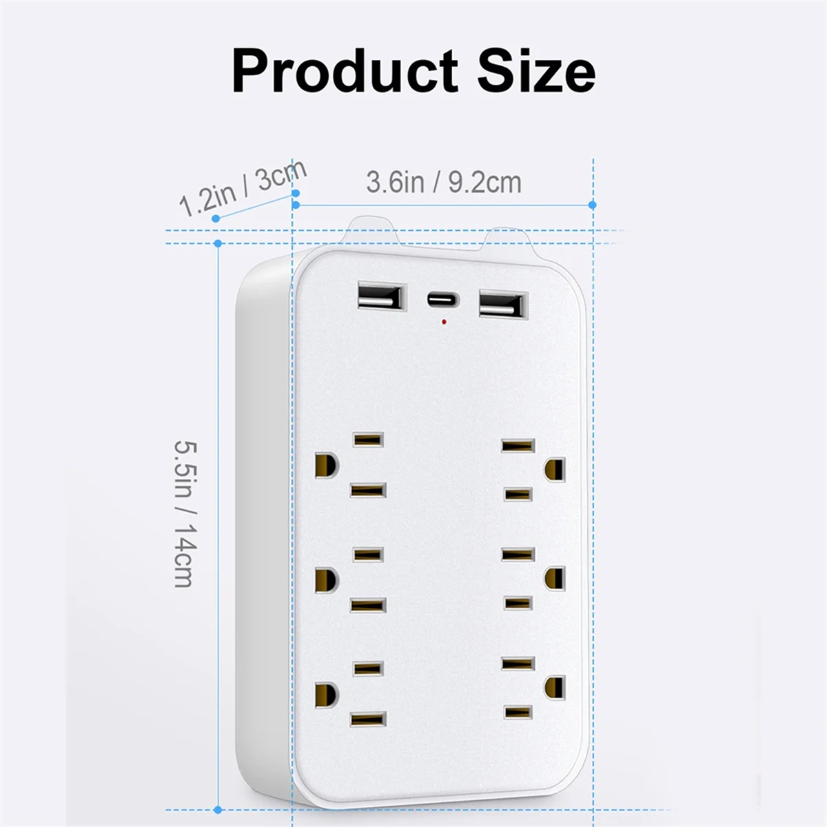 Protector contra sobretensiones 9 en 1, extensor de 6 salidas con 3 puertos USB, tomas de corriente, adaptador de pared, enchufe estadounidense espaciado