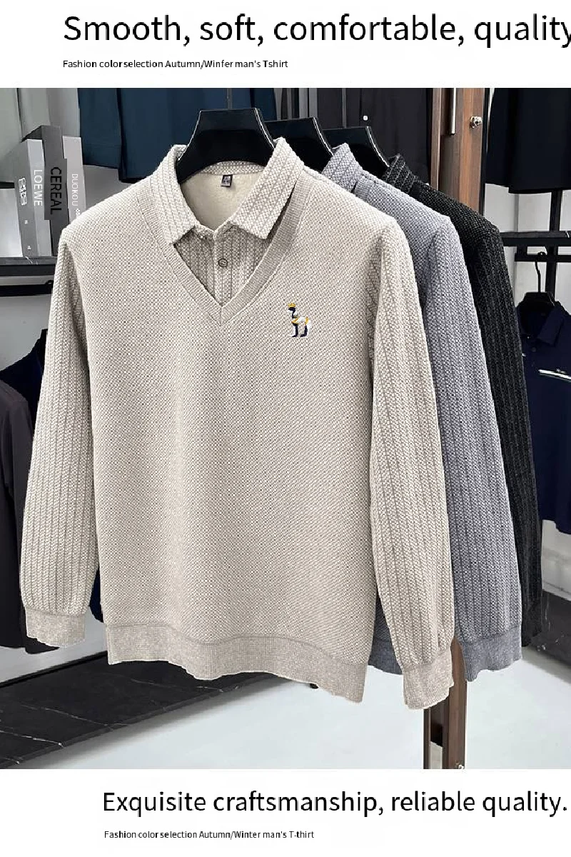 Komfortables Herren-Langarm-Poloshirt, Zweiteiliges Design mit Revers und Knöpfen, Exquisite Stickerei, Verdicktes Fleecefutter, Winter-Freizeit-Oberteil – Detail 12