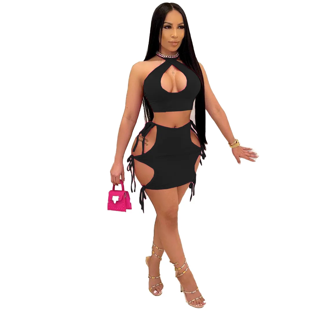 2022 Beach Skirt Suit Summer Two Piece Set Women Sexy Cross Cut Out Backless Crop Top Lace Up Mini Skit Outfit Party Club Suit