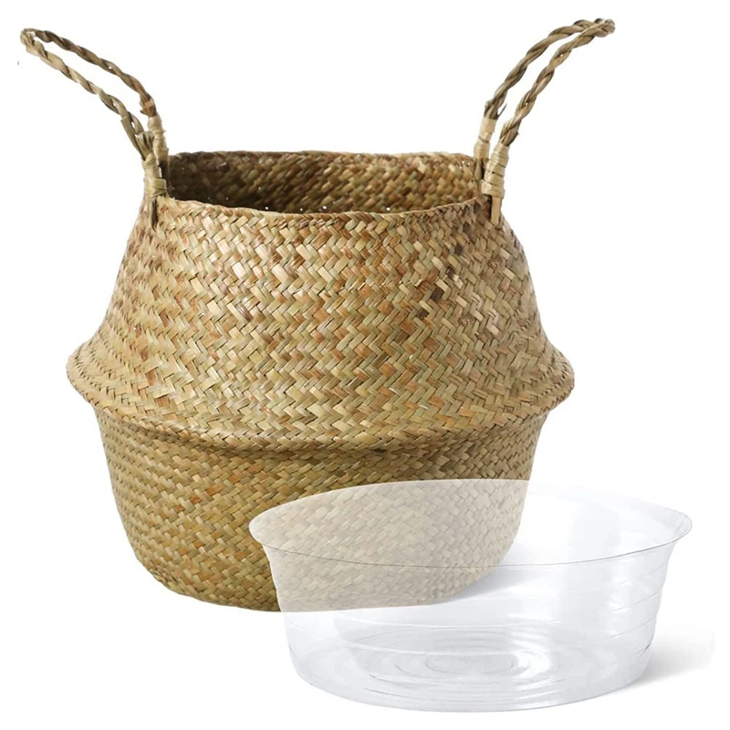 Plant Basket With Liner, Woven Seagrass Belly Baskets, Decorate Artificial Tree,Storage Laundry Picnic Grocery Straw Bag