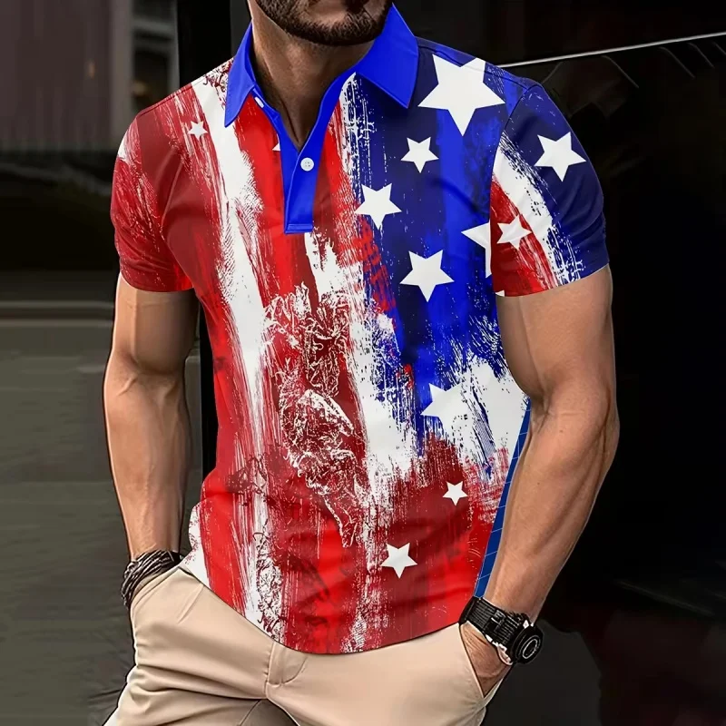 

3D Printed Statue Of Liberty Polo Shirt For Men America Flag Pattern Tees Summer Street Loose Short Sleeve Tops Lapel T-Shirts