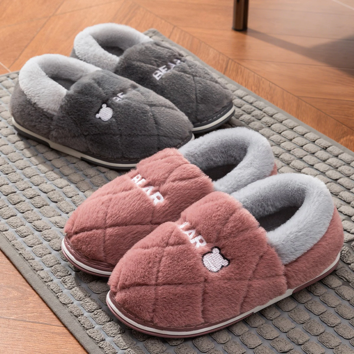 

New Big Size 48 49 Men Warm Shoes Cute Cartoon Bear Winter Thick Plush Slides Home Furry Flats Non-slip Bedroom Cotton Slippers