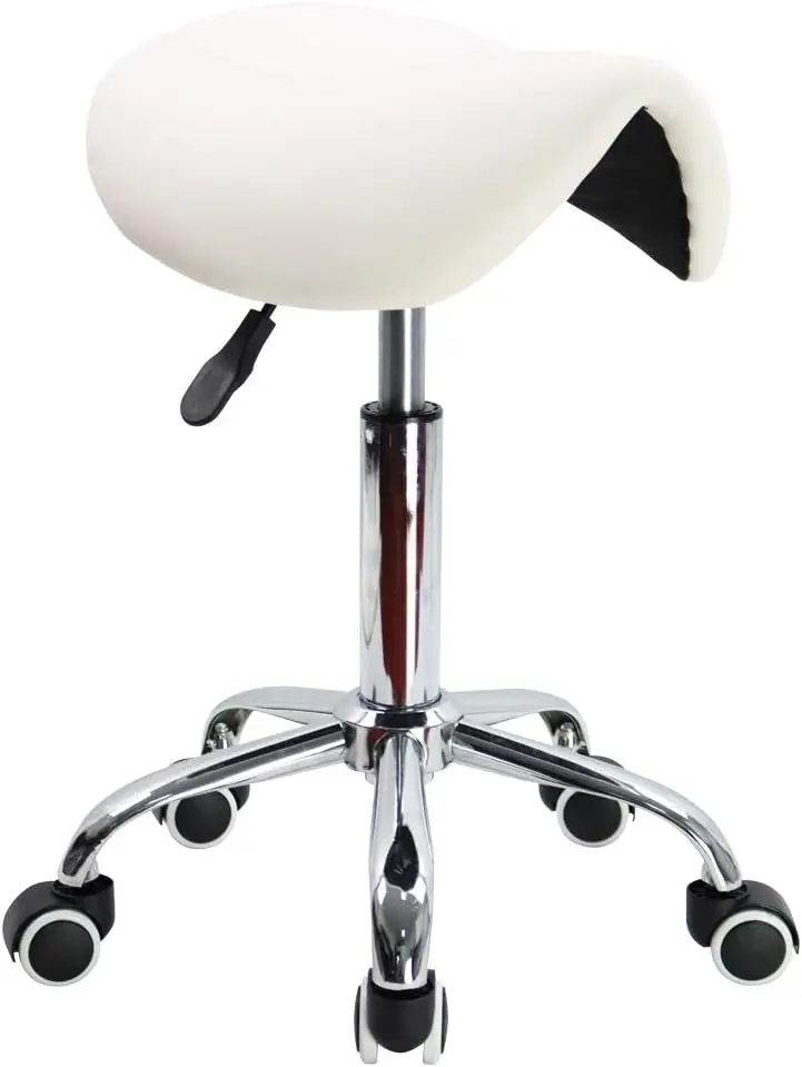 

Adjustable Rolling Stool with Wheels, PU Leather Swivel Salon Chair in White - Comfortable and Durable
