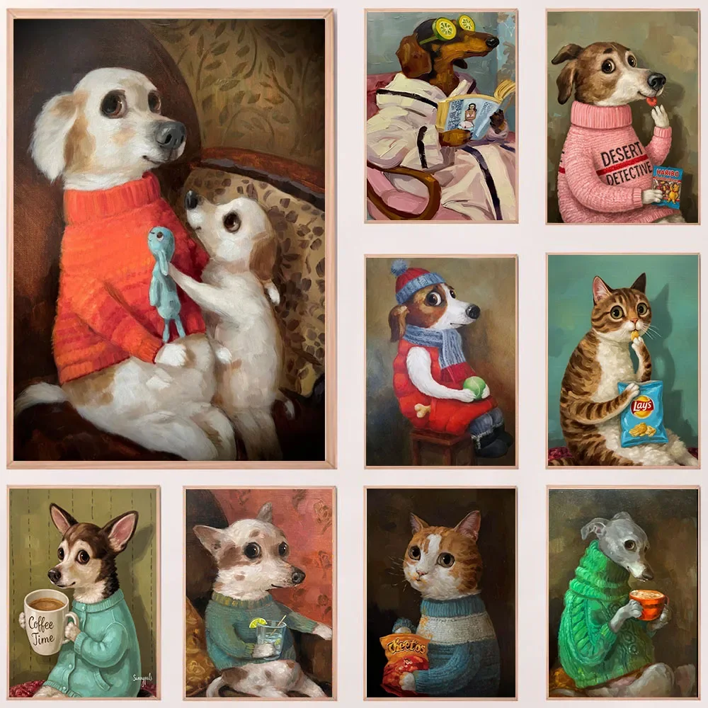 Funny Cute Puppy Eating Pizza Vintage Animal Poster Print Retro Art Living Room Home Decor Kitten Eating Cookies Canvas Paint