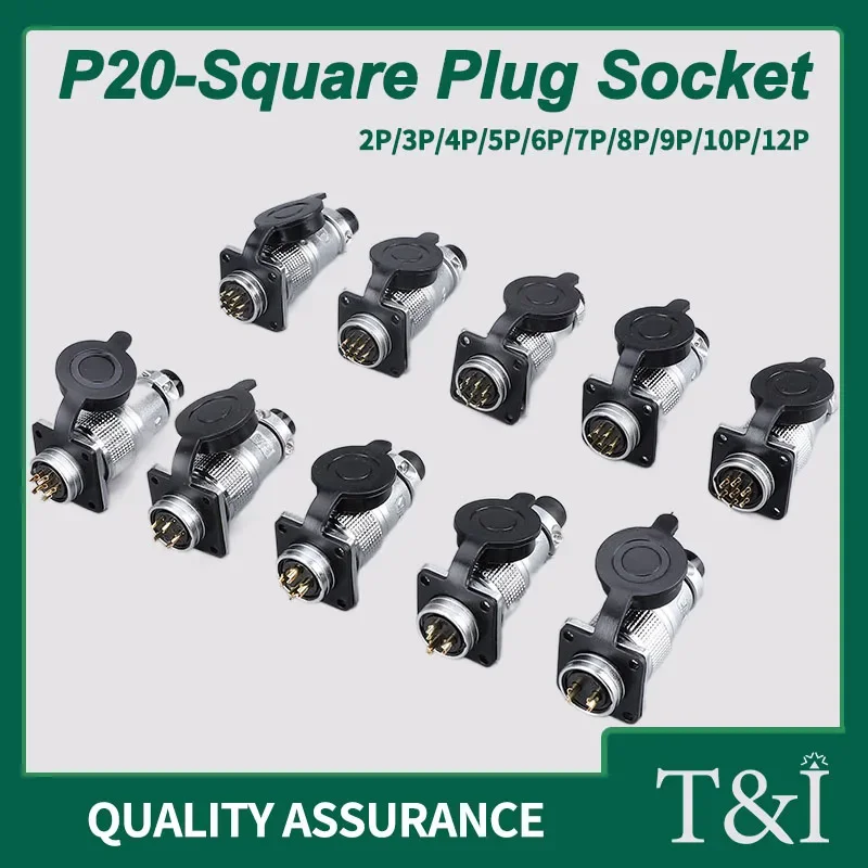 P20 Series Connectors: 2/3/4/5/6/7/8/9/10/12Pin Square Male Plug and Circular Female Socket, 20mm Diameter with Screw Fixing