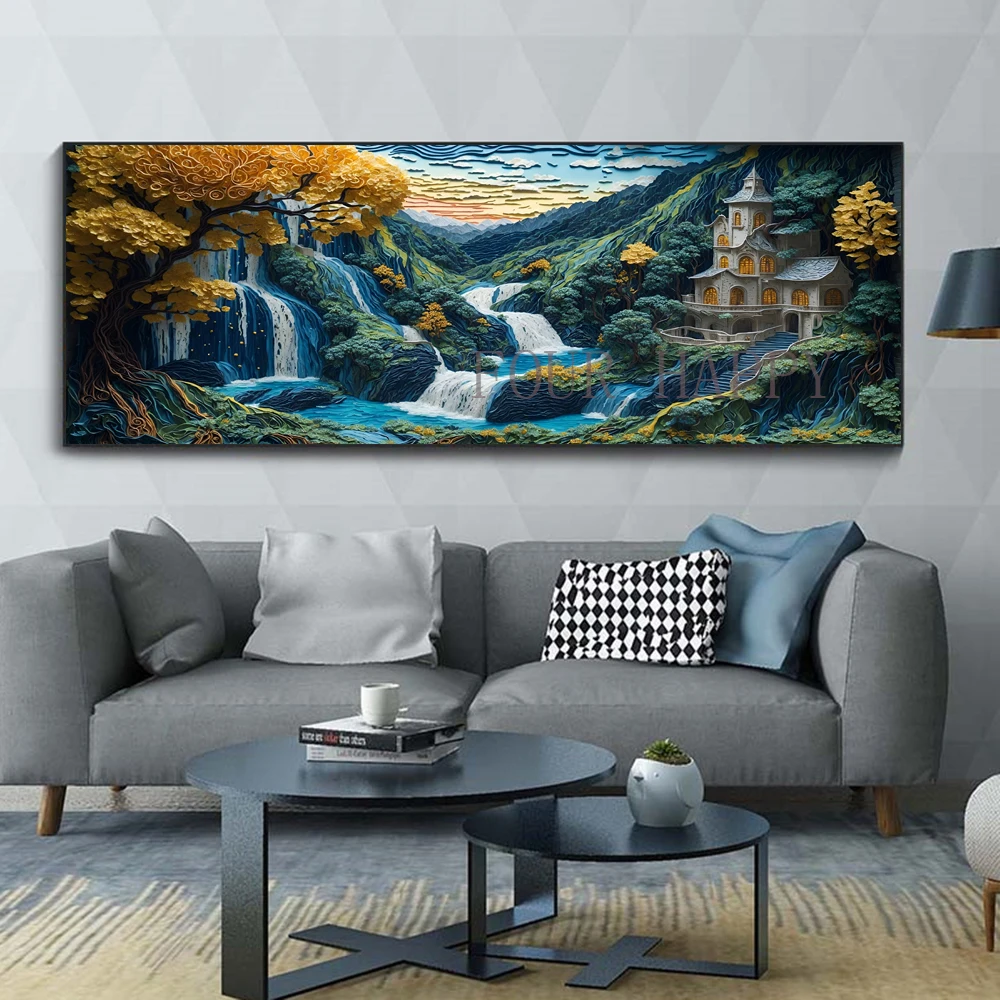 DIY Large Diamond Painting Cross Stitch, House, Waterfall, Tree, Landscape, Wall Art, Full Round Drill, Home Decor, 5D