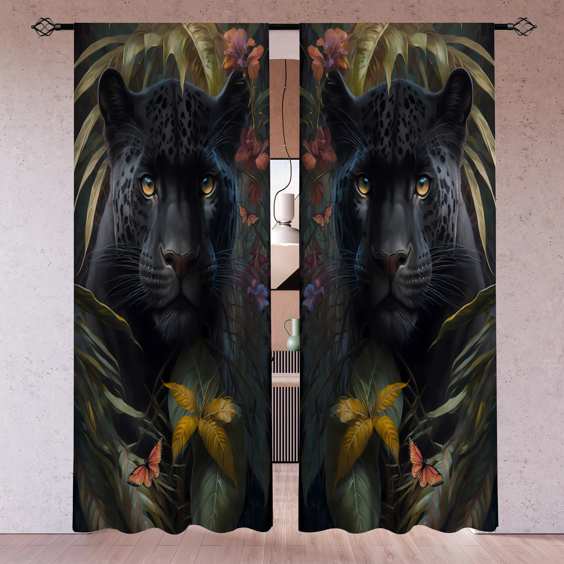 2 Panels Black Panther Curtains, Exotic Jungle Animal Print, Tropical Floral Scenery Drapes for Living Room Bedroom Decor