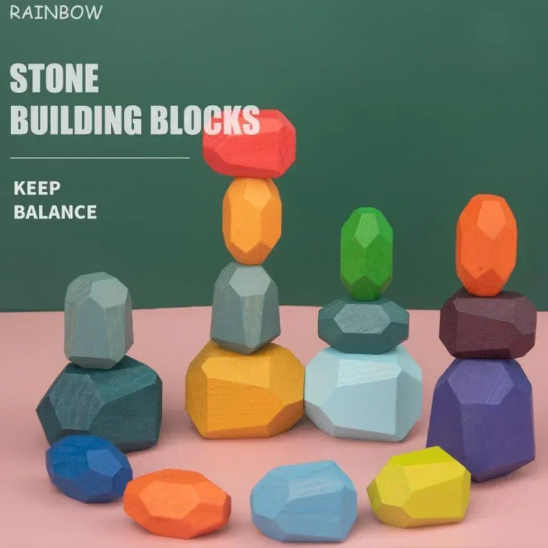 Rainbow Wooden Stones Building Blocks for Children, Colorful Stacking Balance Games, Montessori Educational Toys, Creative Gifts