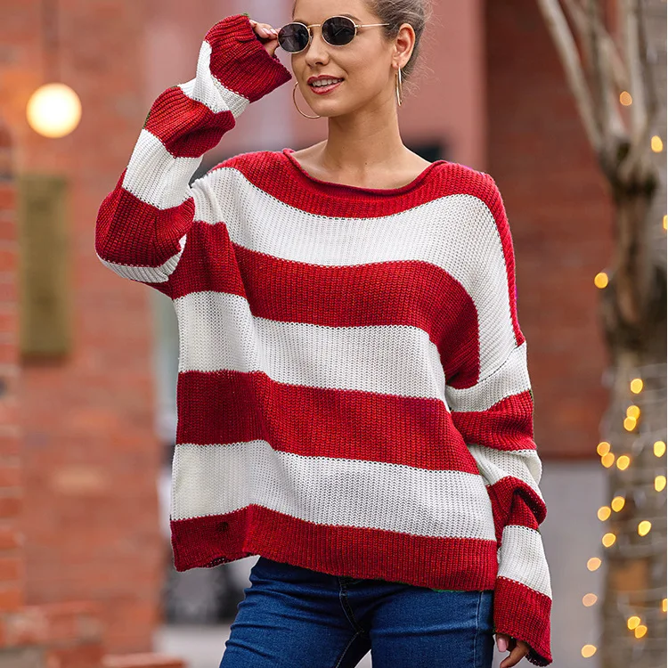 

2023 Spring New European&American Style Women's Sweater Women's Round Collar Striped Color Matching Sweater Cropped Crimping