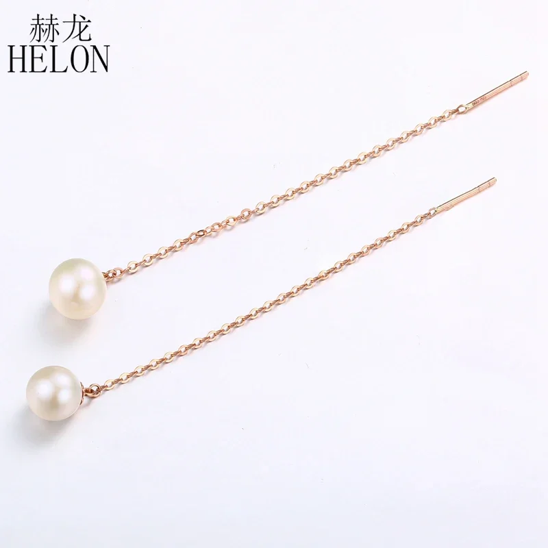 HELON Solid 18K Rose Gold dangle drop earring 7-7.5mm Genuine Round White Fresh Water Pearl long chain tassel design Earring