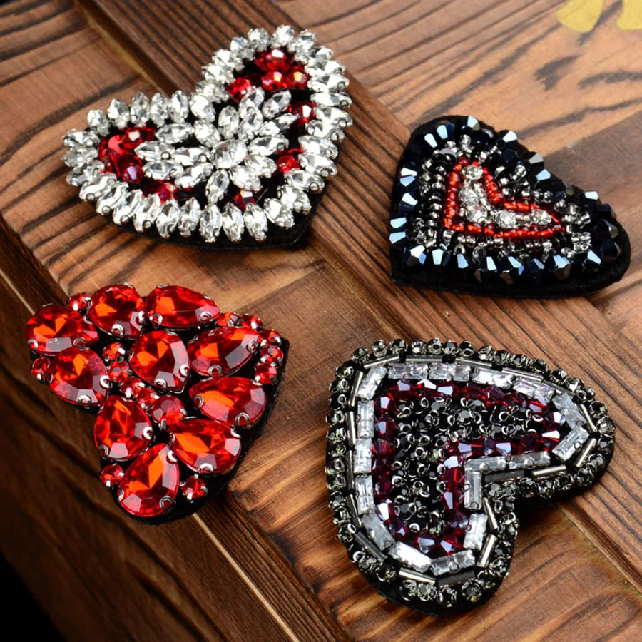 Handmade Rhinestone Heart Shape Cloth Patches, Sewn On Clothing Bags and Shoes, DIY Accessories Stickers, High Quality