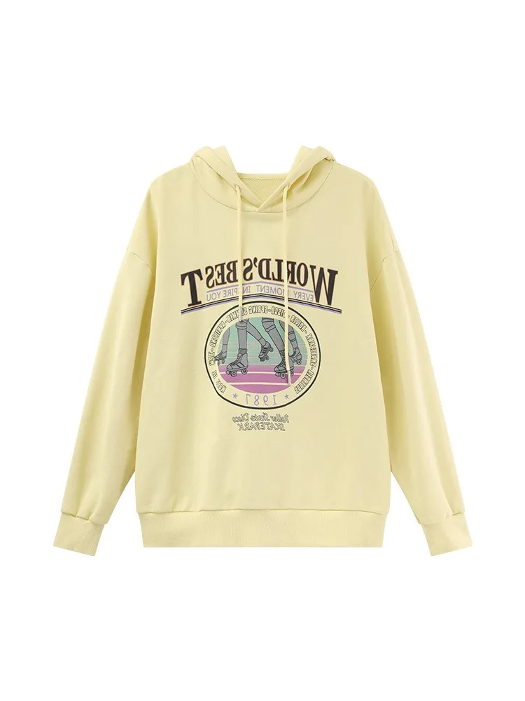 Loose Fit Graphic Hoodie Women Casual Pullover Sweatshirt Letter Print Drop Shoulder American Style Hooded Top Spring Streetwear