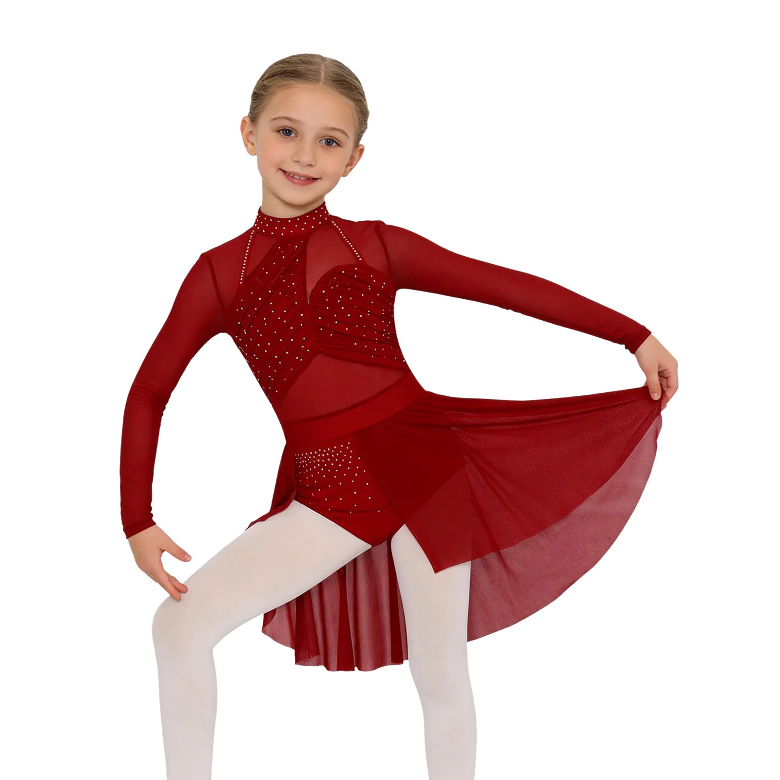 

Kids Girls Lyrical Contemporary Dance Dress Rhinestone Long Sleeve Split Mesh Leotard Ballet Figure Skating Gymnastics Costume