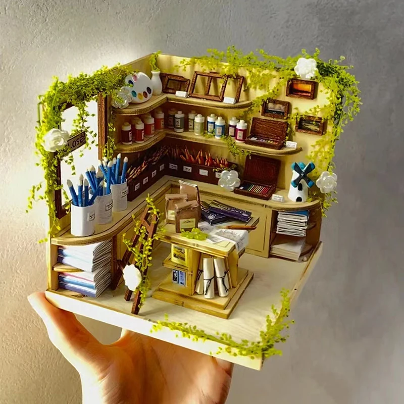 DIY Wooden Miniature Model Kit Paint Shop Casa 3D Puzzle Dollhouse With Furniture Lights Roombox Home Decor for Friends Gifts