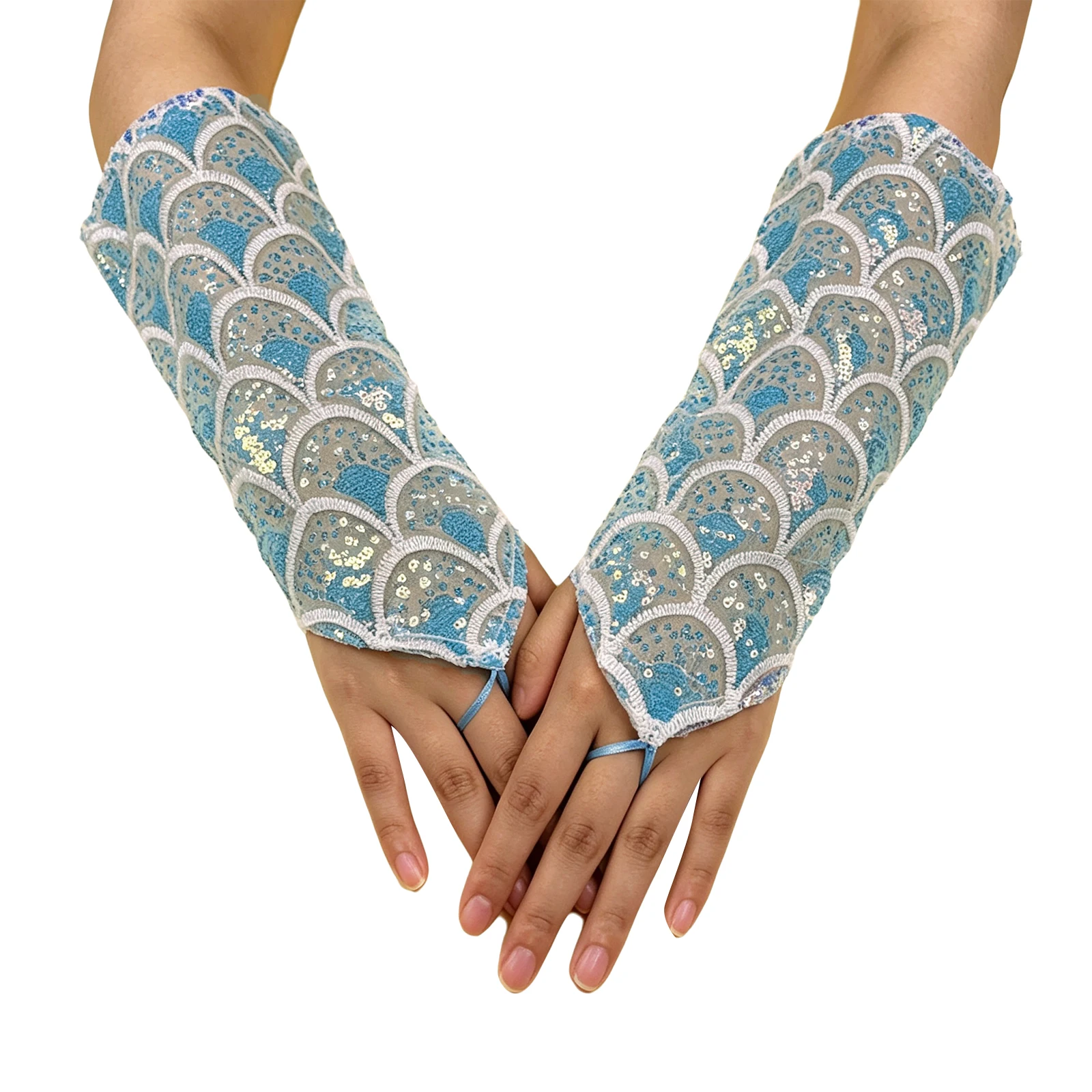 Adult Sparkly Sequin Gloves Fish Scale Embroidered Mesh Gloves for Halloween Cosplay Stage Performance Nightclub Disco Party