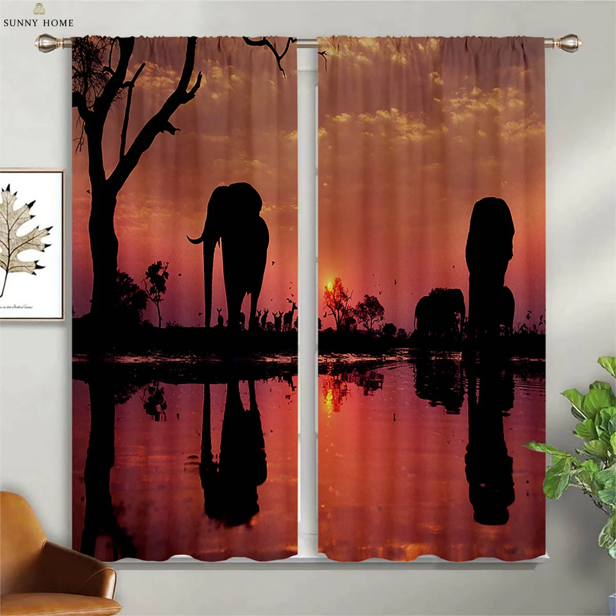 

2pcs Animal Elephant Sunset 3D Printing Curtains 100% Polyester Bedroom Living Room Kitchen Window Decoration Curtains