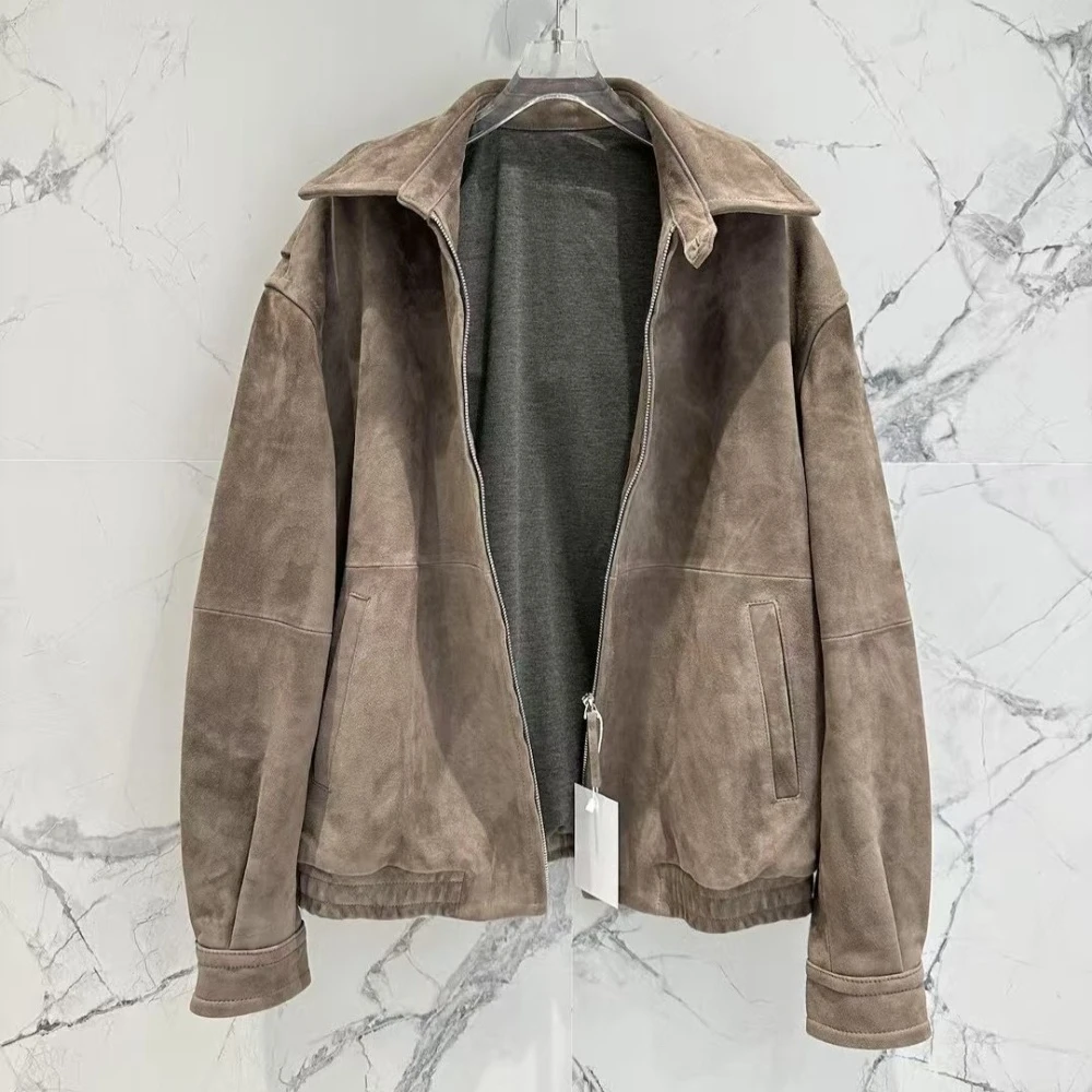 Hochwertige, minimalistische, importierte, schulterfreie Schaffell-Wildlederjacke