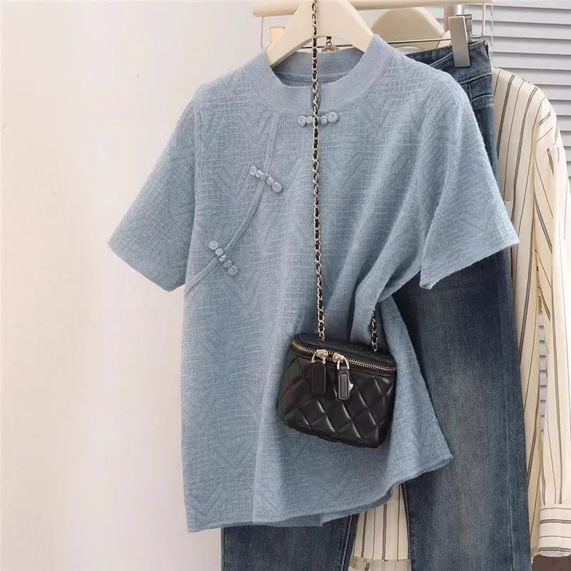 

Сплошной цвет, свитер с короткими рукавами в китайском стиле для женщин, свободный пуловер, футболка, модный топ