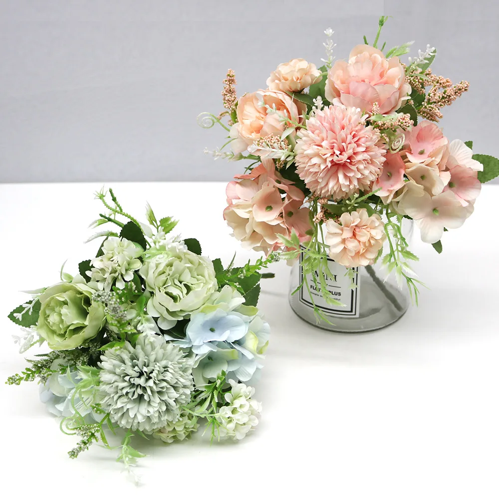 7 Heads Hydrangea Flowers Artificial Bouquet Silk Blooming Fake Peony Bridal Hand Flower Roses Wedding Centerpieces Decor