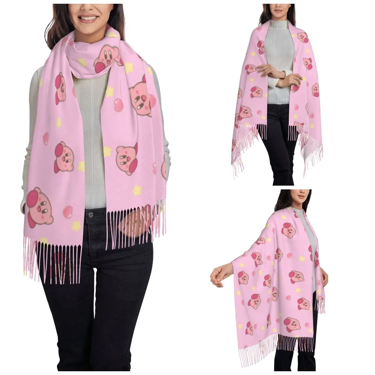 Womens Scarf with Tassel K-Kirbys Cartoon Stars Kawaii Large Winter Fall Shawl Wrap Anime Game Cute Daily Wear Pashmina Scarves